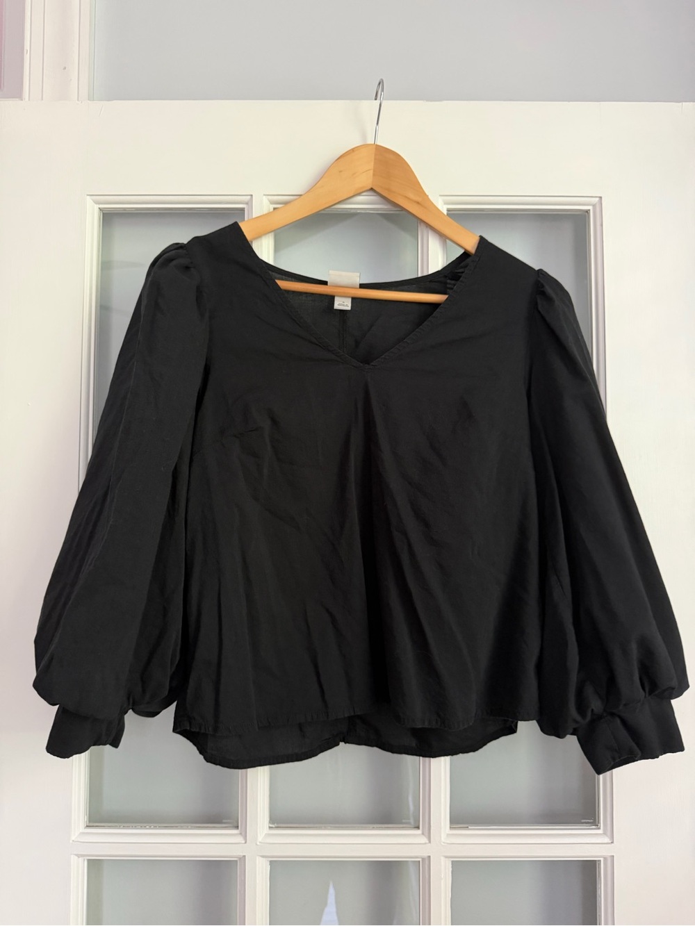 a new day Black V-Neck Puff Sleeve Peasant Blouse